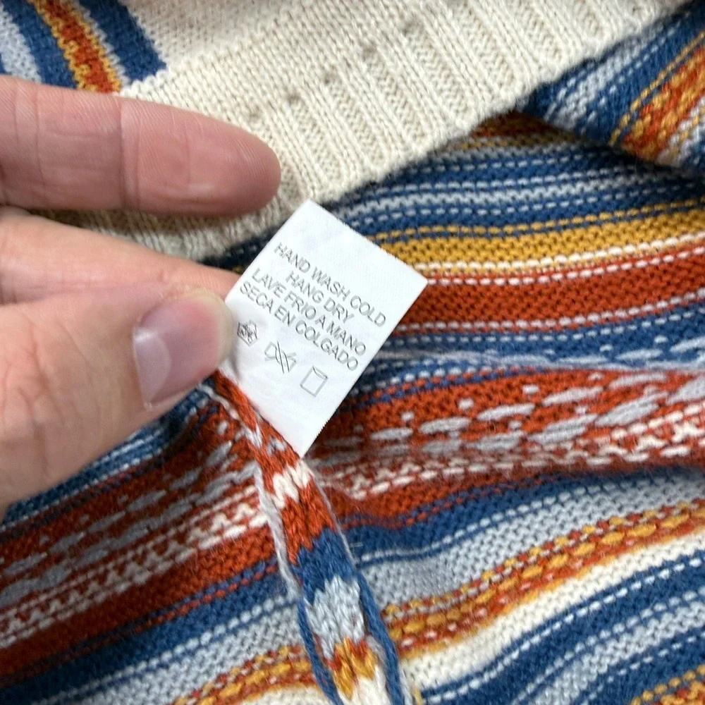Tea & Cup Sweater Women's One Size Cardigans Cream Blue Rust Striped Fringe Boho